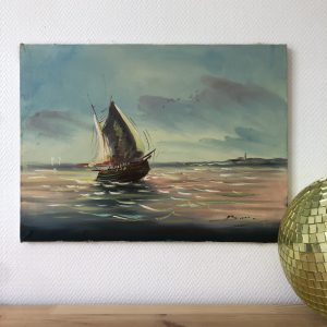 Ancienne Huile Sur Toile Marine Avec Voilier Signée