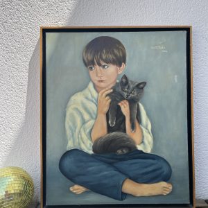 Toile Portrait d'un enfant au chat Signée