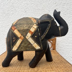Grand Éléphant Indien Vintage en Bois Massif, Laiton et Os