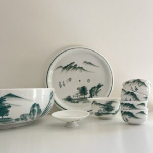 Set de Thé de Voyage en Porcelaine – Style Paysage Vert